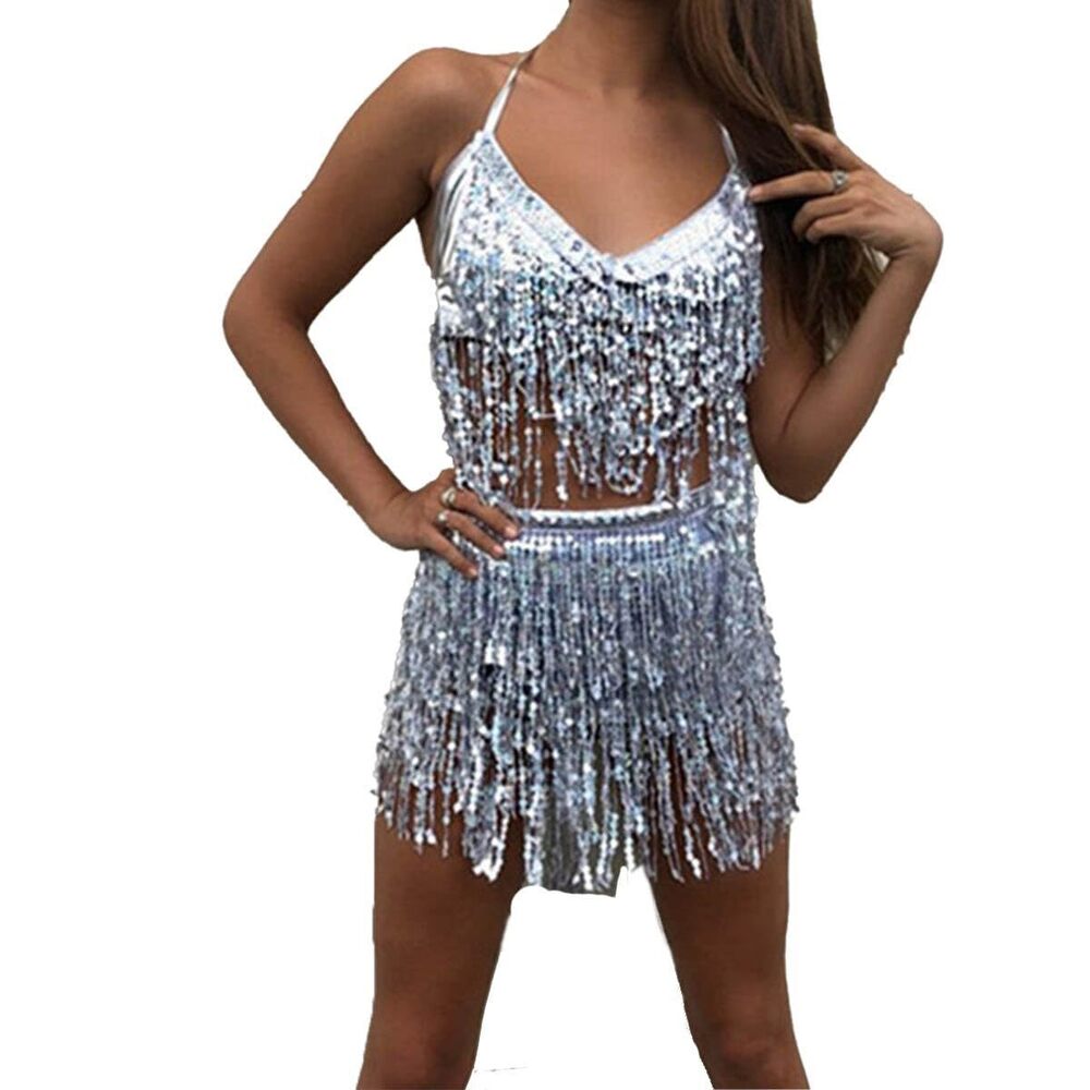 5784 Sexy Belly Dancing Sequin Skirt Set Belly Dance Crop Top Bra